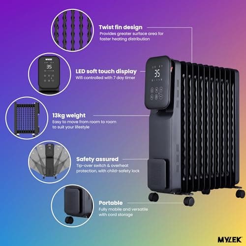 MYLEK Oil Filled Radiator Portable Smart Heater 2.5KW WiFi App Enabled, 3 Heat Settings, Timer, LED Display, Energy Electric Efficient, Safety Tip Over Protection (Black 2500W) — view 3