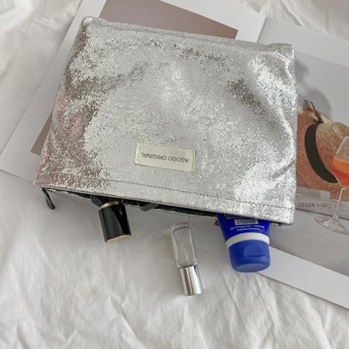 BSITSSS Shiny Silver Makeup Bag, Portable Cosmetic Bags Women, Multifunctional Zipper Make Up Bag Girls, Small Makeup Pouch,Simple and Stylish Beauty Bag, Birthday Gifts for Women Unique — view 3