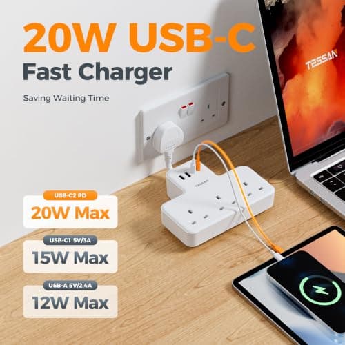 TESSAN Plug Adapter Extension Socket with PD 20W USB C — view 2
