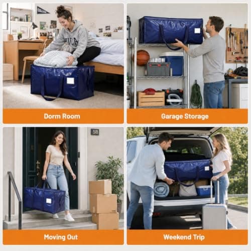 Mepham 4 Pack 90L Heavy Duty Moving Bags, Large Storage Bags with Reinforced Handles, Double Zipper, Waterproof Foldable Totes, Reusable Packing Bags for Moving, Home, Dorm & Travel — view 3