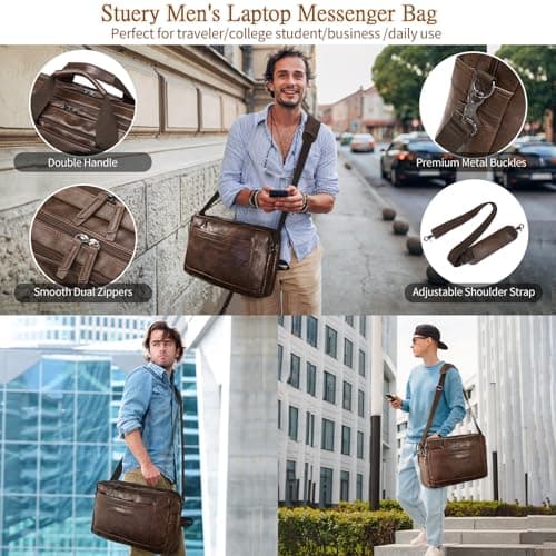 Stuery Faux Leather Messenger Bag for Men: 17.3 Inch Laptop Bag Briefcasen Convertible Backpack 3 in 1 Computer Handbags Work Bag Shoulder Crossbody Bags Office, Coffee — view 4