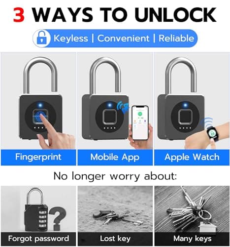 eLinkSmart Fingerprint Gym Locker Lock, Keyless Biometric Padlock, Weatherproof Electronic Digital Smart Combo Pad Lock for Outdoor Fence Gate Storage Helmet Ski Pool Shed (Black, with Cable) — view 2
