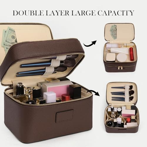 HiTotes Makeup Bag Vanity Case for Women Large Leather Makeup Case Travel Toiletry Bags Double Layer Cosmetic Bag for Daily Use — view 2