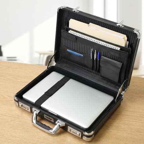 HMF Aluminium Briefcase for Laptop up to 17.3 Inches, Men's Business Briefcase with Combination Lock, Padded Laptop Compartment and Organiser in the Lid | 45 x 33 x 11 cm | Black — view 3