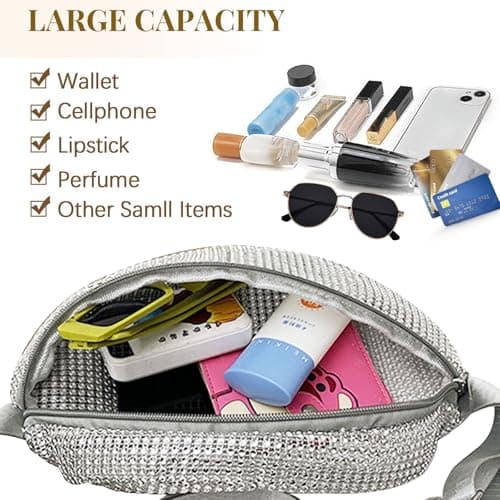 Women's Bum Bag, Large Capacity Fanny Pack Rhinestone Chest Bag Fashionable Crossbody Waist Bag with Adjustable Belt for Ladies Girls Shopping Travel Party (Silver) — view 3