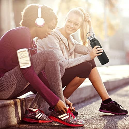 Volhoply Black Stainless Steel Water Bottles,600 ML Vacuum Insulated Double Wall Travel Bottle with Leak Proof Lid of Handle,Metal Reusable Standard Mouth Flask for School,Hikers,Gift — view 6