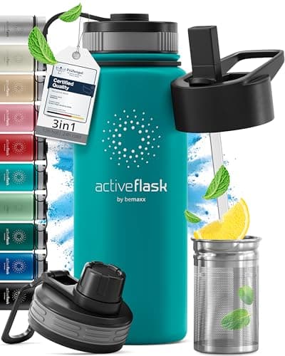 ACTIVE FLASK Water Bottle Stainless Steel + Straw (3 Lids): 1L 700ml 500ml