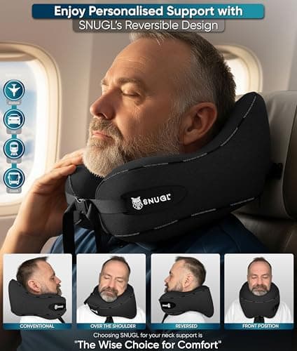 SNUGL Travel Pillow - Neck Pillow Memory Foam, Travel Neck Pillows for Adults, Ideal for Camping, Airplane & Gaming - Travelling Essentials - Gifts for Travellers (Black - Adult Regular) — view 3