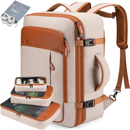 Lumesner Carry on Backpack, Extra Large 40L Flight Approved Travel Backpack for Men & Women,Expandable Large Suitcase Backpacks With 4 Packing Cubes (Beige)