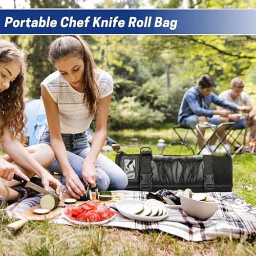 WISEPRO Chefs Knife Roll Bag, Heavy Duty Canvas & Leather Knife Case, Waterproof Knife Case with 10 Slots & 1 Detachable Storage Bag, for Home Kitchen Camping Hiking (Black) — view 6