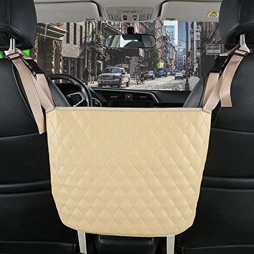 Car Organizers and Storage Purse Holder, Large Capacity Car Net Pocket Handbag Holder, Automotive Consoles & Backseat Organizer, Leather Back Seat Bag Between Car Front Seats, Beige — view 4