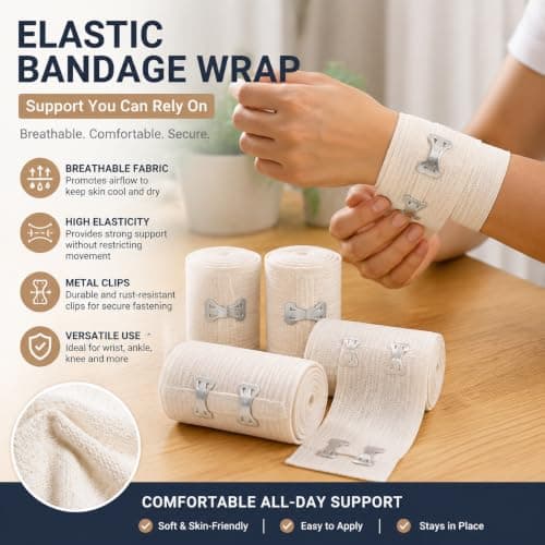KUBDPQOR 4PCS Elastic Compression Bandage Set – Durable Cotton Support Wraps with Clips – Lightweight First Aid Bandages for Ankles, Wrists, Arms, Legs, Sprains and Strains Black — view 6