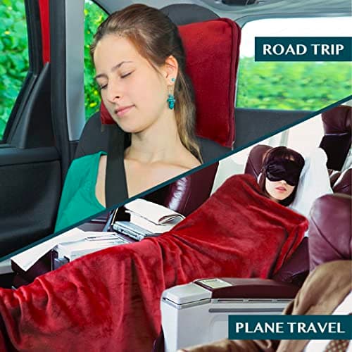 PAVILIA Travel Blanket Pillow, Soft Airplane Blanket 2-in-1 Combo Set, Plane Blanket Compact Packable, Flight Essentials Car Pillow, Travelers Gifts Accessories, Luggage Backpack Strap, 60x43 Red — view 5