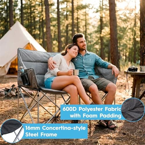 Harbour Housewares Folding Double Camping Chair – Grey - 2 Seater Padded Outdoor Chair, Steel Frame, Foldable Portable Seating, Garden, Festival, Picnic & Beach Chair with Carry Bag & Storage Pockets — view 5