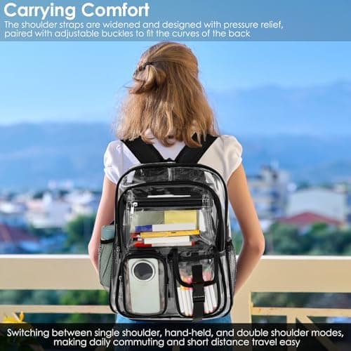 Clear Backpack Heavy Duty PVC Clear Bookbag 32x41x13cm Large Capacity Multi Pockets Lightweight See Through Backpack with Adjustable Straps for Men Women College Concerts Sports Stadium Events(Black) — view 6
