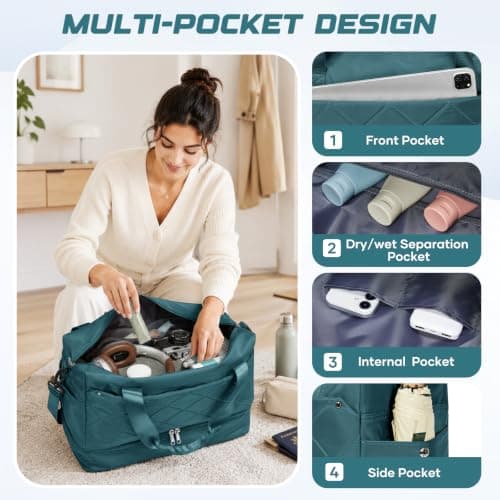 for Easyjet Airlines Underseat Cabin Bag 45X36X20 Weekend Overnight Carry on Holdall for Women Travel Duffel Sport Gym Tote Mum Hospital Bags with Wet Pocket,D04-Peacock Blue — view 4