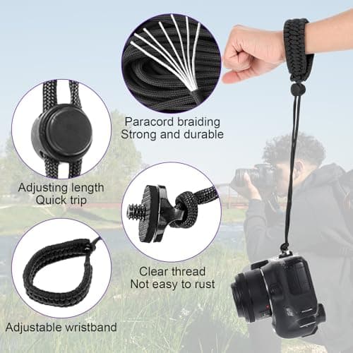 Amaxiu Camera Wrist Strap with 1/4 Inch Screw, Adjustable Nylon Lanyard for Action Camera & 360 Cameras, Anti-Drop Hand Strap for Digital Cameras and Gimbals, Black — view 3