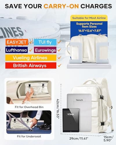 HPLQQ Vacuum Backpack Travel Bag with Pump, Travel Backpack Underseat Cabin Size Rucksack for Easyjet, Carry On Hand Luggage Casual Daypack School Bag 15.6 Inch School Laptop Backpack,O-Off-white — view 2