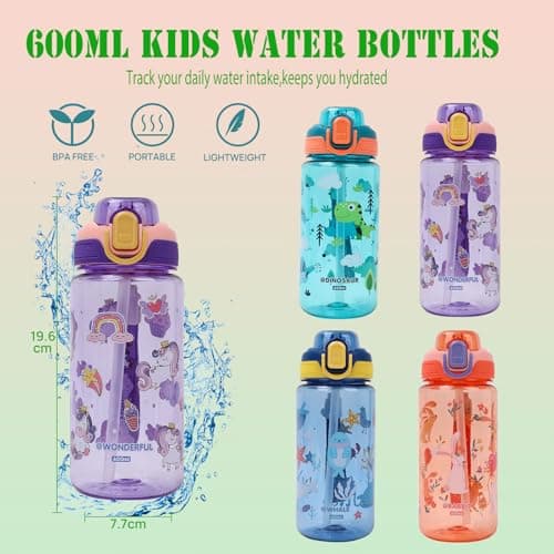 SENBSLAN Kids Water Bottles With Straw,600ml Drinks Bottle for School,Leakproof Children's Bottle BPA free Sport Bottle for Girls Boys (Purple-Unicorn) — view 4