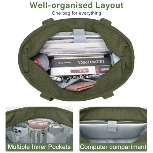 oscaurt Corduroy Tote Bags for Women 13 Pockets Handbag Large Teacher Nurse Work Bag Ladies Shoulder with Zipper for College Travel Shopping Daily Use — view 5