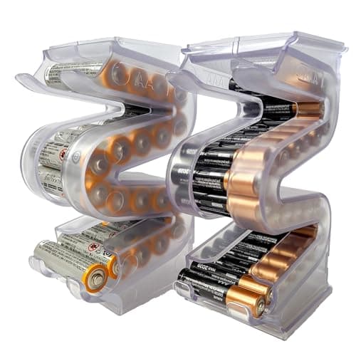 Kalinar Battery Ladder Organizer Case for AA & AAA Batteries - Stackable or Mounted Vertical Storage Battery Dispenser for Home, Garage, & Workshop (2 -Pack, Holds 20 AA & 28 AAA Batteries)