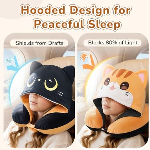 Mewaii Kids Travel Neck Pillow, Airplane Pillow with Cat Hood, Orange — view 5