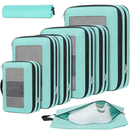 Prezon 8 Set Compression Packing Cubes for Suitcases, Full Open & Visible Design, Luggage Organizer Bags Set for Carry on, Travel Essentials Travel Gifts for Women with Laundry Bag and Shoe bag