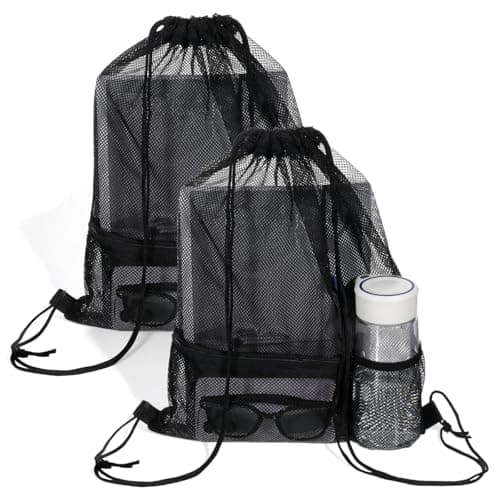 Bruislard 2 Pcs Mesh Drawstring Backpack Bag Heavy Duty Nylon Net Bags with Zipper Pocket Multifunction Mesh Bag Beach Bags for Gym Swimming Beach Toys Clothes