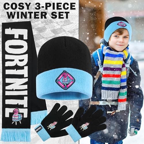 Fortnite Beanie Winter Accessories Set Boys & Teens, 3pcs Hat Scarf & Gloves, Warm Knit for School Travel Days Out, Gamer Gifts — view 2