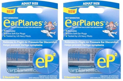 EarPlanes EP2 Ultra-Reusable Earplugs, Airplane Pressure Prevention Earplugs for Adults (1 Pairs) (Pack of 2)