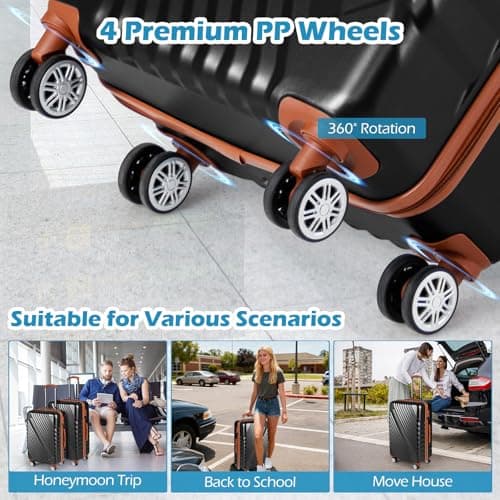 COSTWAY Travel Suitcase Set of 3, Lightweight Durable ABS Hard Shell Cabin Luggage Set with Wheels, TSA Approved Lock & Retractable Handle, Airline Approved Carry on Suitcase Trolley (Black) — view 6