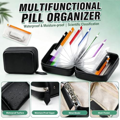 A8 Waterproof Pill Organizer Set with 14 Color-Pill Pouches, Travel Pill Box Zippered Translucent Medication Organizer, Portable Reusable Binder Design Pill Organiser for Fish Oils, Vitamins(Black) — view 3