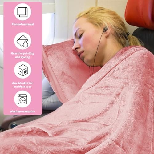 Travel Blanket and Pillow, Ultra Soft 2 in 1 Airplane Blanket with Compact Pillowcase, Luggage Strap, Lightweight Travel Essential, Ideal for Long Flights, Camping, Sunset (Light Pink) — view 3