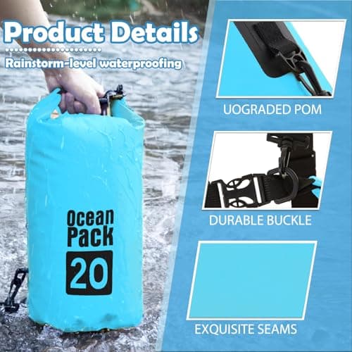 MOMAHUA 15L Waterproof Dry Bag Backpack with Double Shoulder Straps - Sky Blue Durable PVC Roll Top Dry Sack - Heavy Duty Reusable Rucksack for Kayaking, Boating, Beach & Travel — view 3