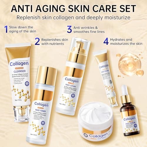 Collagen Skin Care Set, Anti Aging Skincare Set for Face, Shrink Pores, Hydrate & Firm Skin, 6 Pcs Individually Packaged Skincare Kits for Women with Cleanser, Toner, Lotion, Serum, Cream, Eye Cream. — view 2