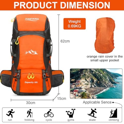 jianyana Hiking Backpack Waterproof 50L Foldable Rucksack Durable Lightweight Camping Bag with Rain Cover for Camping Trekking Hiking Walking Cycling Climbing Outdoor Sports for Women Men Orange — view 2