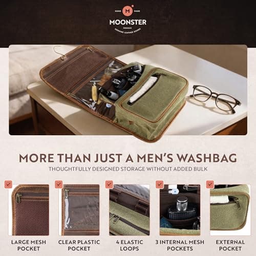 Moonster Leather Hanging Toiletry Bag for Men & Women - Travel Dopp Kit with Hanging Hook - Ideal for Gym, and Home - Toiletry Bag Men - Travel Kit for Men — view 6