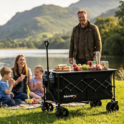 MoverX 200L Camping Trolley on Wheels, Table Folding Wagon, Portable Camping Cart, Foldable Trolly for Festival Beach Outdoor Garden Picnic Shopping Fishing, Wide Wheels, Adjustable Handle, Black — view 2