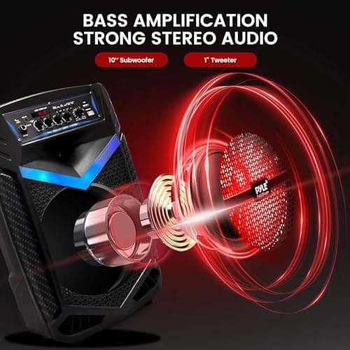 Pyle, Portable PA Speaker, Bluetooth- Loudspeakers, 600W Rechargeable w/ 10” Subwoofer 1” Tweeter, Pa System w/Wireless Microphone, Dj Speakers, w/Recording Function/Mic Input/Lights/USB/SD/Radio — view 2