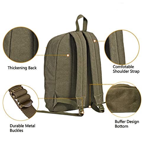 seemeroad Canvas Vintage Backpack Lightweight Travel Daypack Laptop Backpack College Student Rucksack for Men Women (Army Green) — view 5
