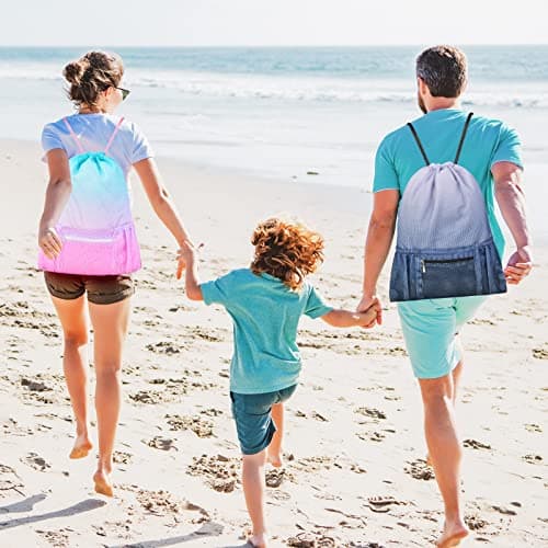 Mesh Drawstring Bag with Zipper Pocket, Beach Bag for Swimming Gear Backpack Gym Storage Bag for Adult Kids Pink Blue — view 3