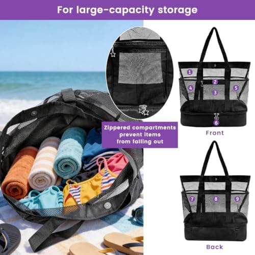 Daily Treasures Mesh Beach Bag with Cooler, 35L Large Travel Tote for Women, Sandproof Beach Tote Bag with Durable 9 Pockets, Extra Large Totes for Pool Cruise Travel Swimming, Vacation Essentials — view 6