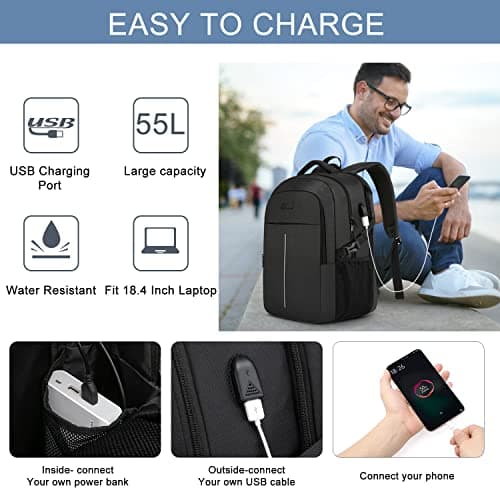 18.4 Laptop Backpack,Extra Large Travel Backpack for Men 55L,Water Resistant Laptop Backpack Work bag with USB Charging Port Business TSA Approved Computer Rucksack for Men Women College School,Black — view 2