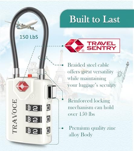 TRAVOCE TSA Approved Luggage Locks - Heavy Duty 4 Digit Combination Cable Lock with Search Alert for International Travel, Suitcases, Golf Bags, Backpacks, Camera Cases, Violin and Tents, White 2 Pack — view 5