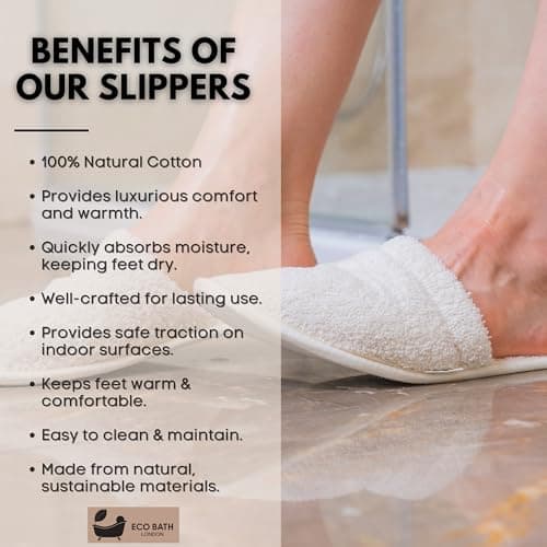 Eco Bath London Natural Toweling Slippers - Luxury 100% Organic Cotton, Ultra Soft, Machine Washable Indoor Slippers for Bath and Home, L Size (8-9) — view 3