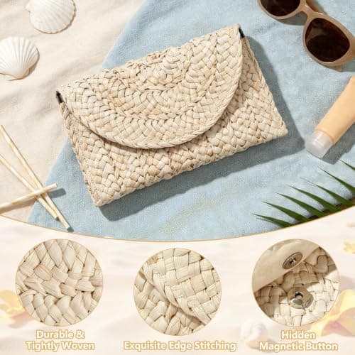 Paxory Straw Beach Clutch Bag for Women, Summer Boho Handmade Woven Beach Handbag, Casual Straw Clutch Bags for Summer Sandybeach Travel Holiday Vacation (Raw) — view 5