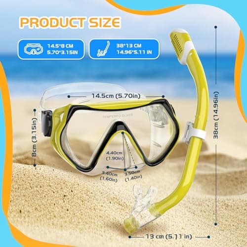 MELUMILU Kids Snorkel Set, Dry Snorkel Set 180° Panoramic Wide View Anti-Fog Scuba Diving Mask, for Kids Youth Boys Girls Junior Age 5-15 (Clear Yellow) — view 2
