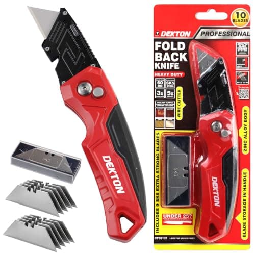 Dekton Pro Heavy Duty Folding Knife with Ergonomic Handle Rapid Blade Change Zinc Alloy Body Belt Clip Wire Cutter and Blade Storage for Vinyl Rubber Plastics and Carpet