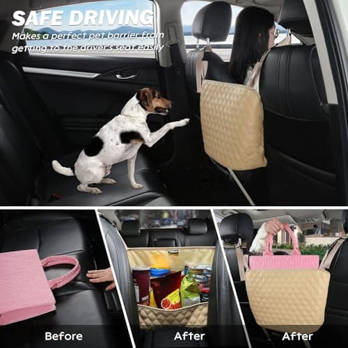 Car Organizers and Storage Purse Holder, Large Capacity Car Net Pocket Handbag Holder, Automotive Consoles & Backseat Organizer, Leather Back Seat Bag Between Car Front Seats, Beige — view 6