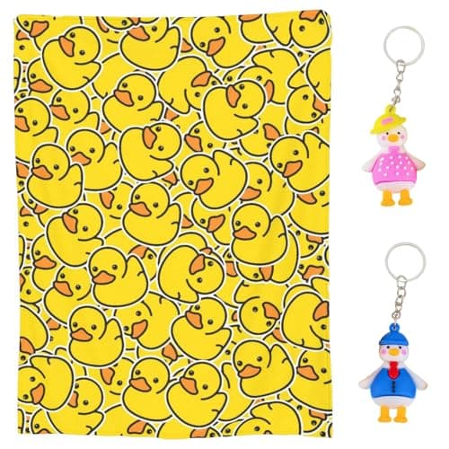 JYJLLM 3PCS Yellow Duck Blanket Set, Soft Flannel Throw 72x102cm with 2 Silicone 3D Duck Keychains for Adult Couch Bed Travel Gift